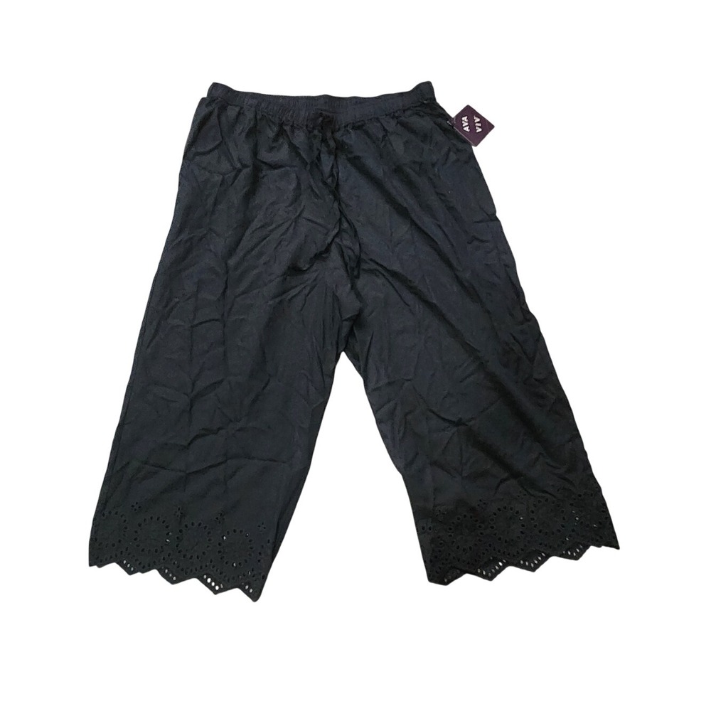 Ava‎ Viv Black Pullon Pants Scalloped Hem Eyelet Crop 1X Wide Leg Pockets
